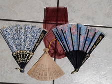 3 Clean Oriental Hand Held Expanding Fans Multi-Color w/ Storage Bag Wood  Lace