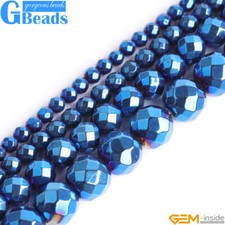 Faceted Round Blue Metallic Coated Reflection Hematite Beads Free Shipping 15''