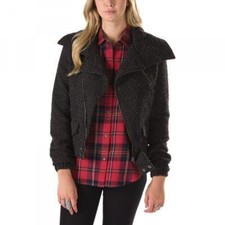 New Vans Womens Jamie  Jacket Black S Small Sm Coat Parka Wool Mix Moto Inspired