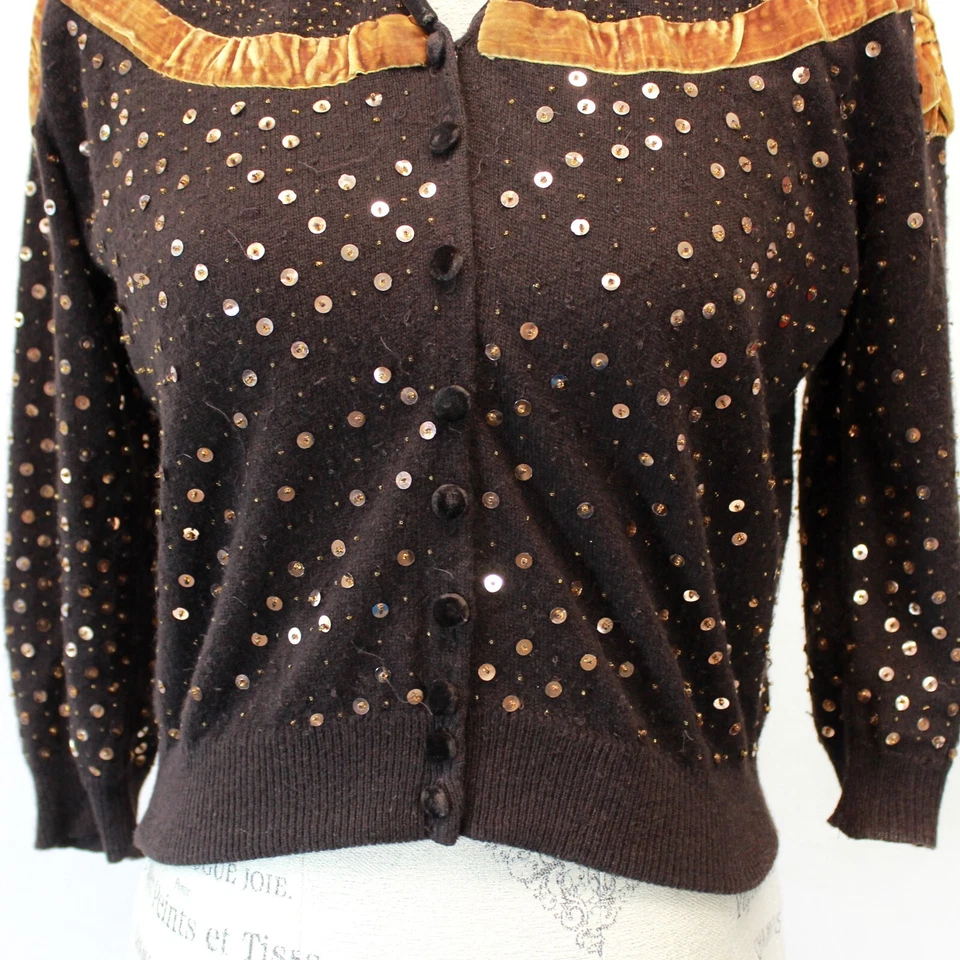 Cárdigan Suéter Top Sage Jewelry Marrón Lentejuelas 100% Cachemira Detalles S/M Foto 4 de 4