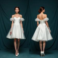 Elegant Short White Off-Shoulder Wedding Dress with Tulle Sleeves Tea-Length