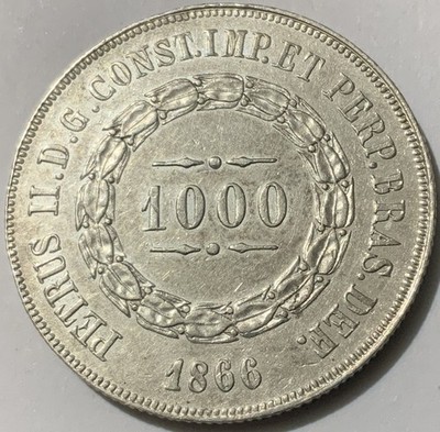 1866 Brazil 1000  Reis Silver HG Double 6