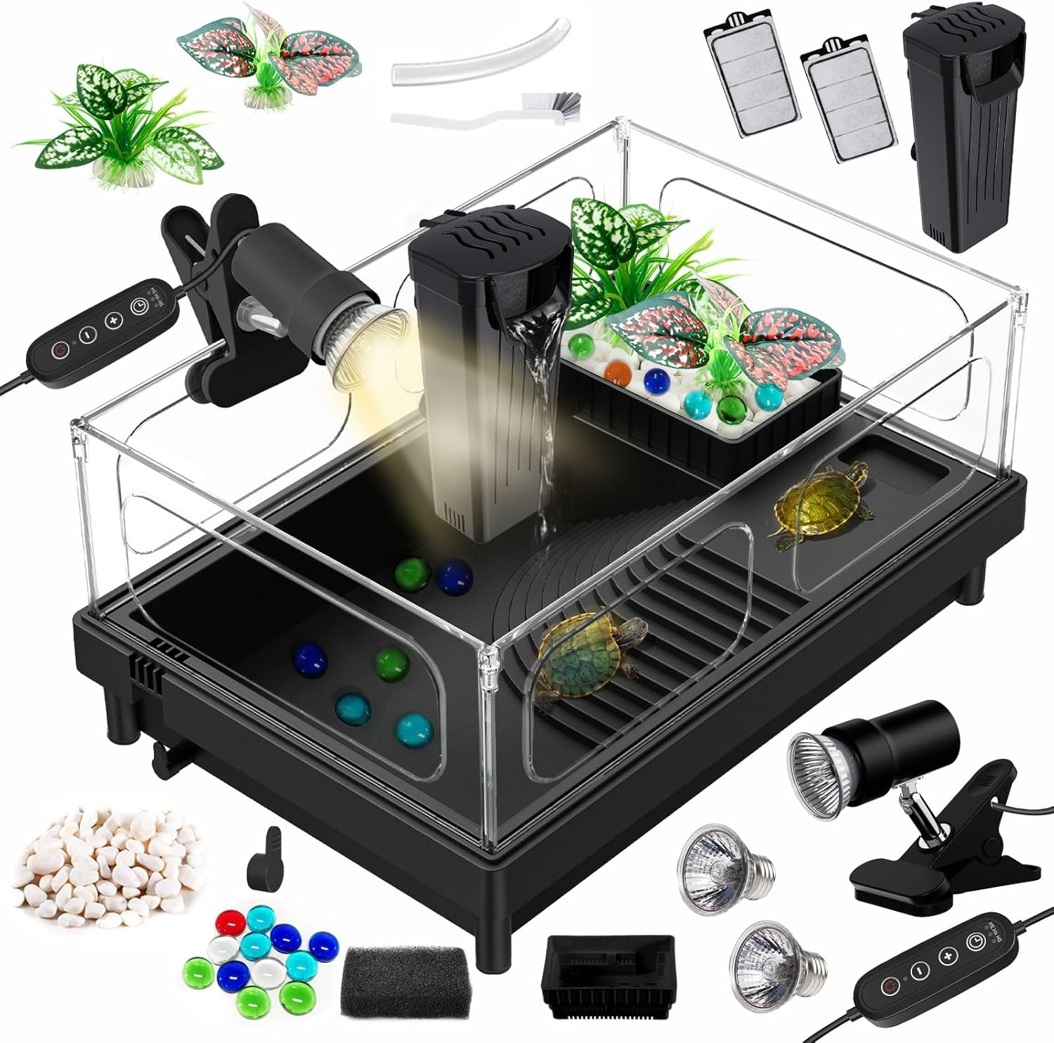 Small Turtle Tank Kit(Tank+Lamp+Filter), Acrylic Turtle Starter Kit with Adjusta