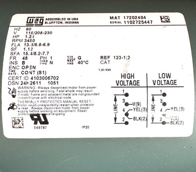 WEG 1.25 HP Electric Motor New - 3450 RPM - 60HZ - 17202404