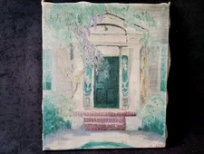 Vintage Impressionist Style Oil Painting Front Door with Wisteria Unframed 14"