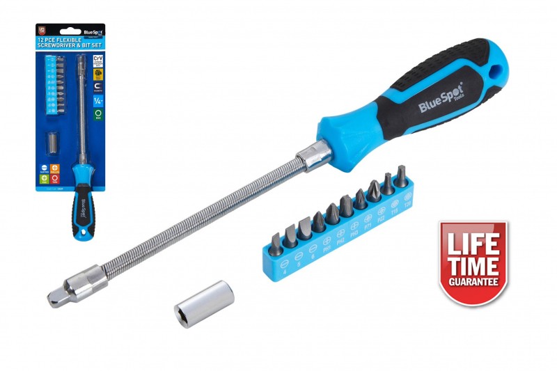 12 Pc Flexible Screwdriver & Bit Set 1/4"" Drive Magnetic Bit Holder Soft Grip