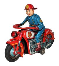 Nice Working 1960s Japanese Tin Batt. Op. Fire Patrol Motorcycle by Masudaya