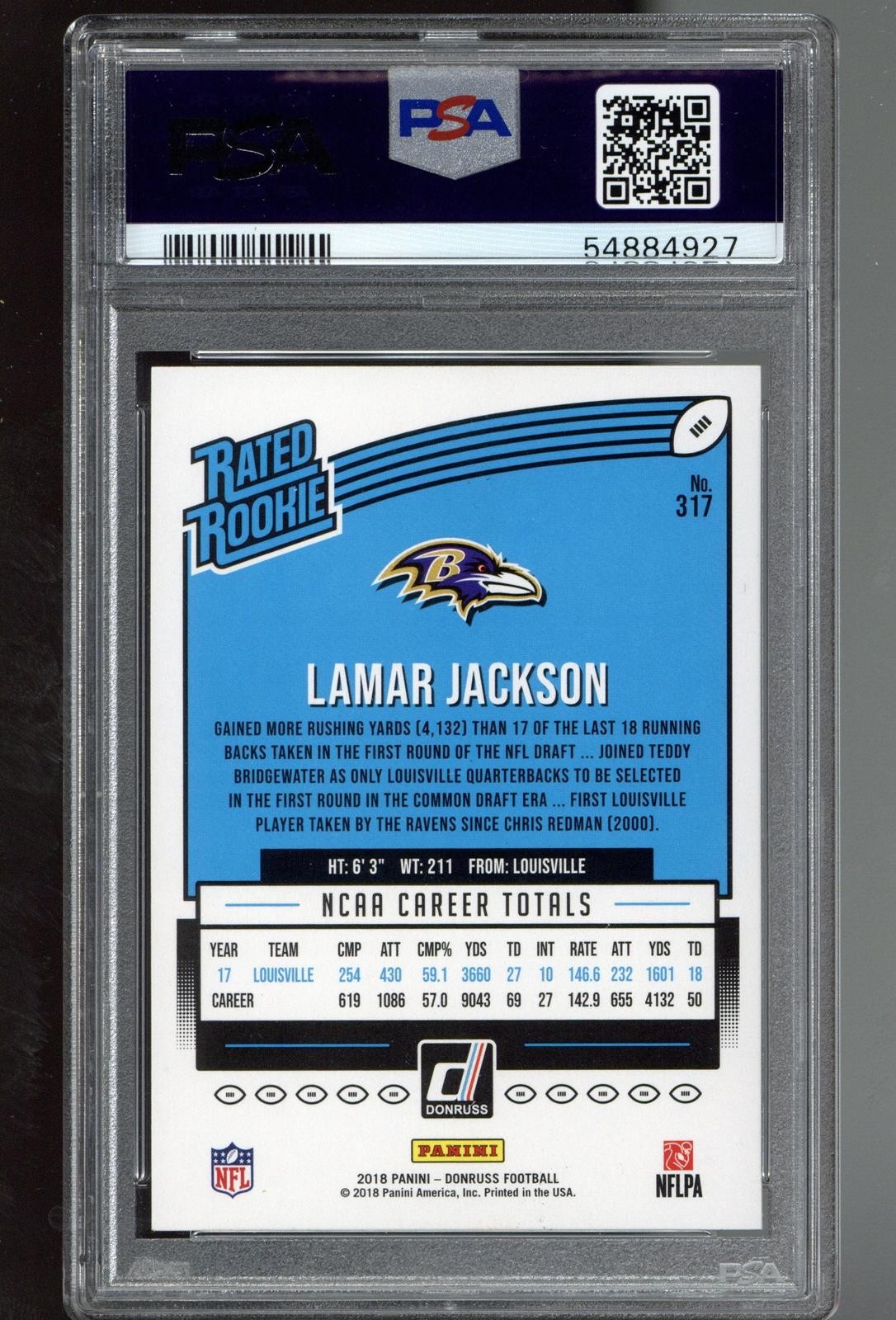 2018 Donruss #317 Lamar Jackson PSA 10 ROOKIE RC view 2