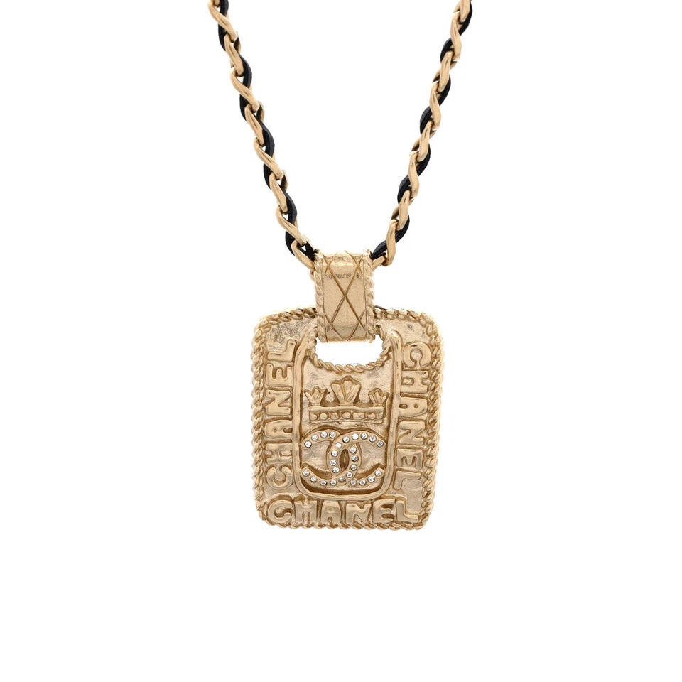 Chanel CC Logo Medallion Chain Pendant Necklace Metal with Crystals and Leather