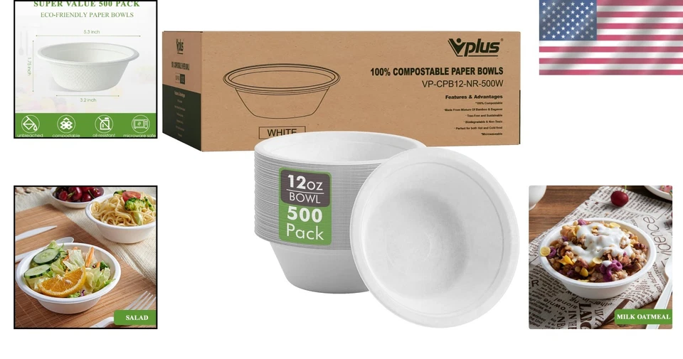 Компостируемые бумажные миски 12 унций упаковка 500 шт. - экологичные, прочные и безопасные для микроволновой печи - Изображение 2 из 4
