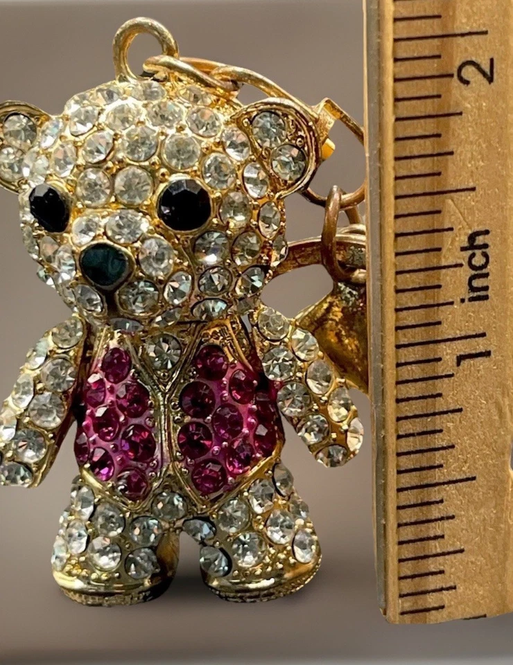 3D Animal Bear Crystal White & Pink Vest Rhinestone Bag Charm Keychain - Image 3 of 4