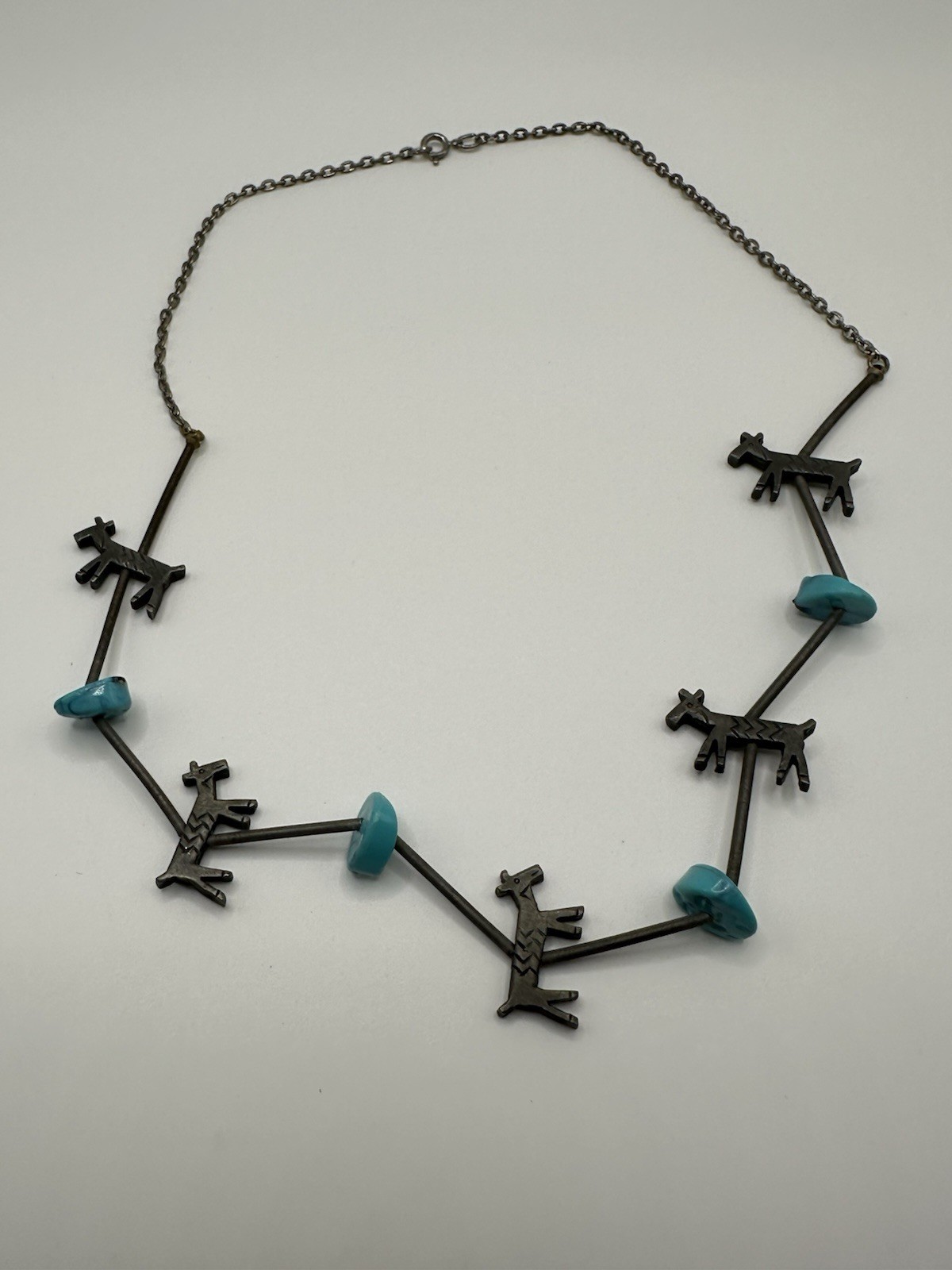 Vintage Silver Pewter Tone Goat Animal Necklace With Faux Turquoise 18”