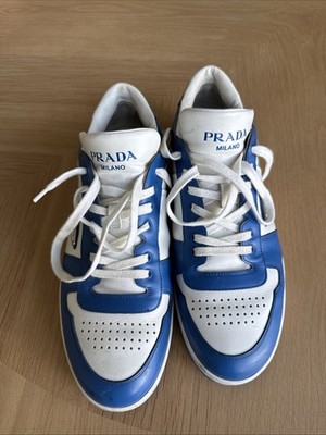 Prada Men Downtown Sneakers US 10 White Blue Leather Triangle Logo
