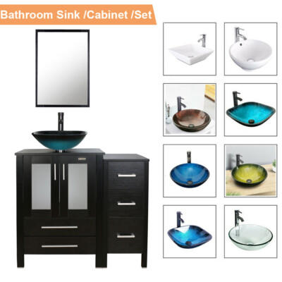 36'' Black Bathroom Vanity Side Cabinet Vessel Glass/Ceramic Sink No Mirror
