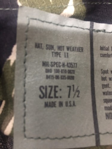 Military Boonie Hat for Sun, Hot Weather Type II MIL-SPEC-H-43577 Size 7 1/2 New - Picture 9 of 10