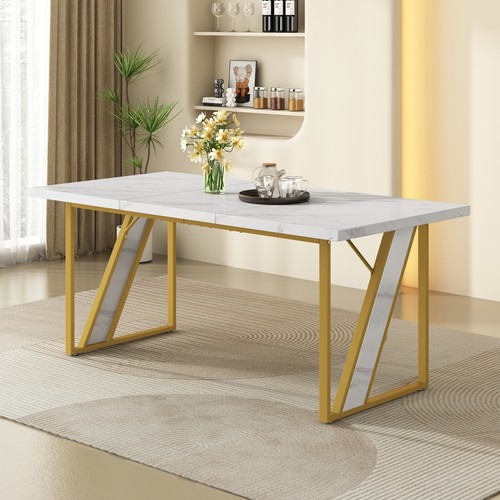 Esstisch 160x80cm Rechteckiger Marmormuster Küchentisch für 4-6 Personen Gold - Bild 2 von 13