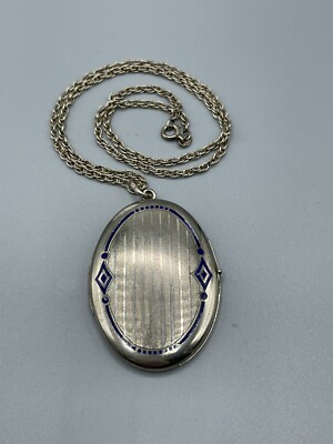 Vintage Hallmarked Very Large Sterling Silver & Blue Enamel Locket & Chain