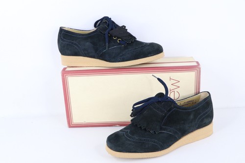 NOS Vtg 90s Streetwear Womens 7B Fringed Chunky Leather Platform Shoes Navy USA