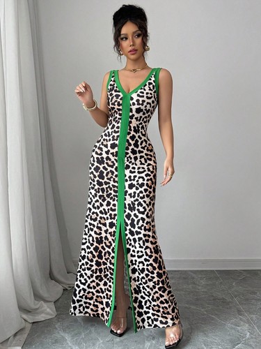Leopard Print Maxi Dress with Contrast Trim – Elegant Sleeveless V-Neck Gown - Picture 15 of 19