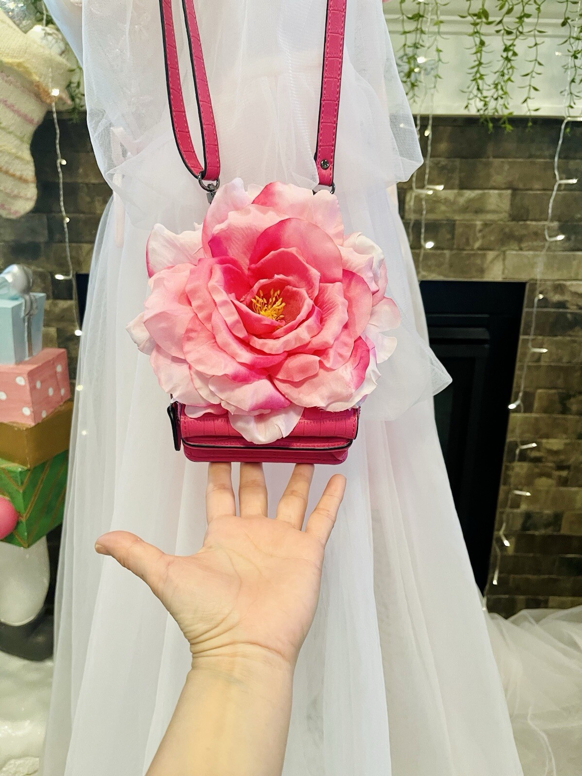 Pink Handmade Large Pink Rose Cell Phone Accessory Crossbody Purse