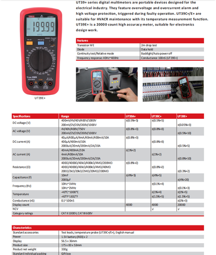 UNI-T UT39E+ True RMS Digital Multimeter 1000V/20A Volt Amp NCV Ohm Temp Tester - Picture 3 of 10