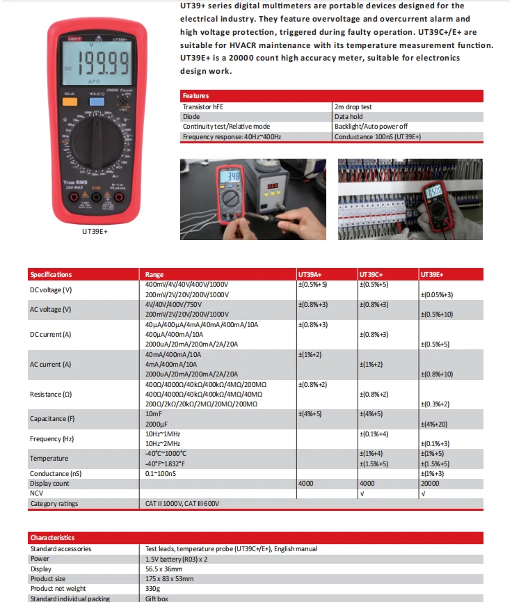 UNI-T UT39E+ True RMS Digital Multimeter 1000V/20A Volt Amp NCV Ohm Temp Tester - Image 3 of 4