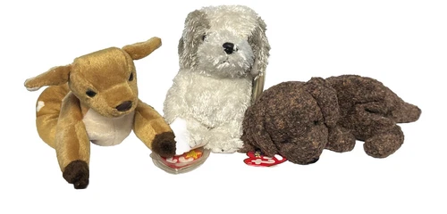 Lot 3 VTG Ty Beanie Babies Herder & Fetcher Dogs with Whisper Deers early 2000's
