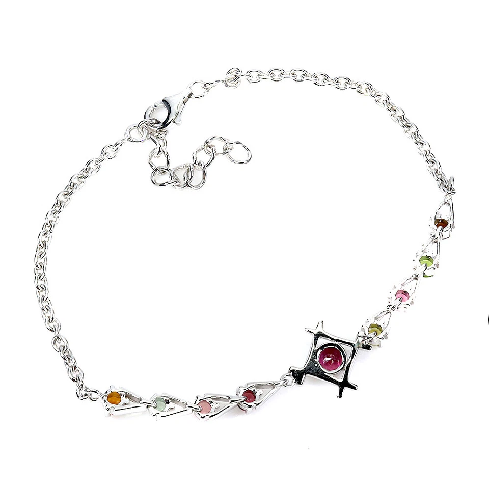 Pulsera de plata de ley 925 redonda granate turmalina piedras preciosas naturales joyería Foto 3 de 4