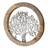Wandbild Ø25Cm Lebensbaum Metall Holz Mango Silber Braun Bild Wand-Deko HäNger