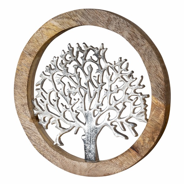 Wandbild Ø25Cm Lebensbaum Metall Holz Mango Silber Braun Bild Wand-Deko HäNger-image