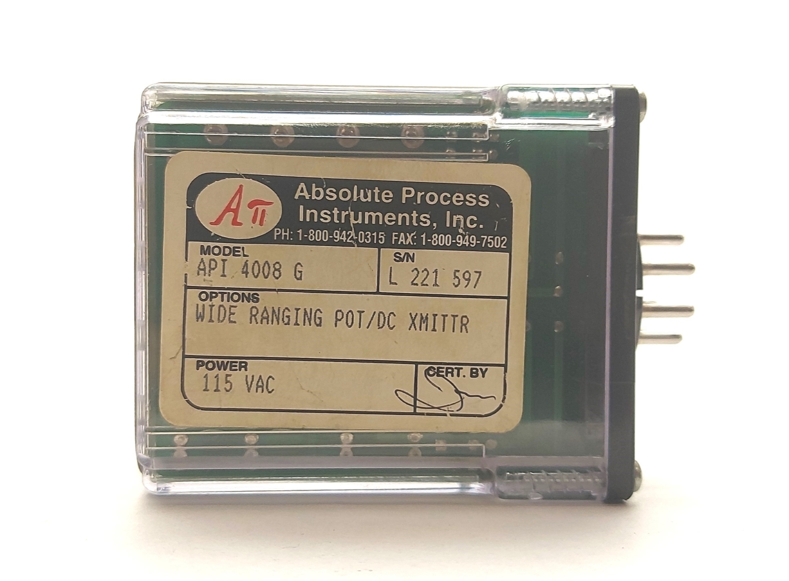 API 4008 G DC Resistance Transmitter, 100Ω/1MΩ Pot to ±10VDC or 0-20mA 115VAC