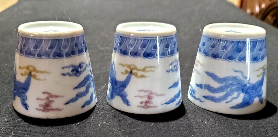 Japanese Tea/Sake Cups Blue/White Porcelain Rising Phoenix 3 Signed ANTIQUE 2x2 - Image 3 of 4