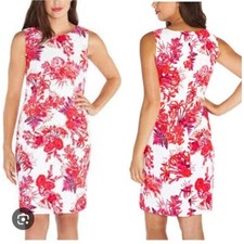 Mario Serrani Floral Sheath Dress Sleeveless Career Cocktail White Red 10