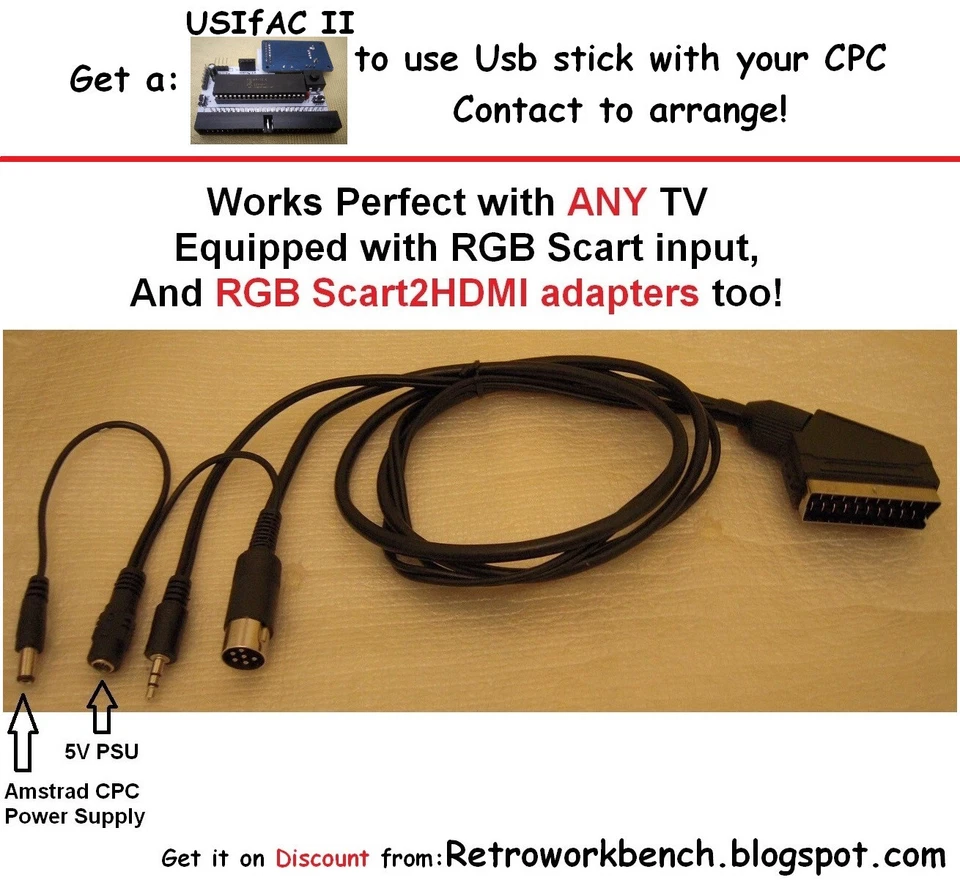 Amstrad CPC 464 / 664 / 6128 RGB Video / Audio Scart Active Cable 1m