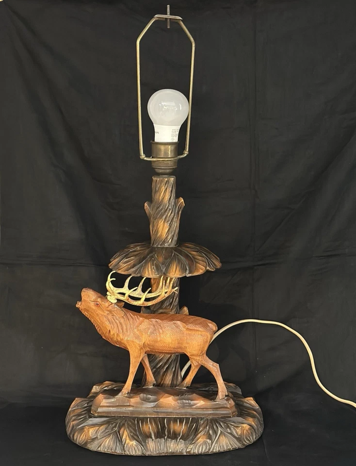 ANTIQUE GERMAN WOOD CARVED ELK TABLE LAMP WITH ORIGINAL SHADE BY RHON SEPP - Image 4 of 4