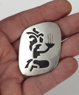 Vintage Mexican Taxco Sterling Silver Overlay Kokopelli Offering Pin Pendant NR