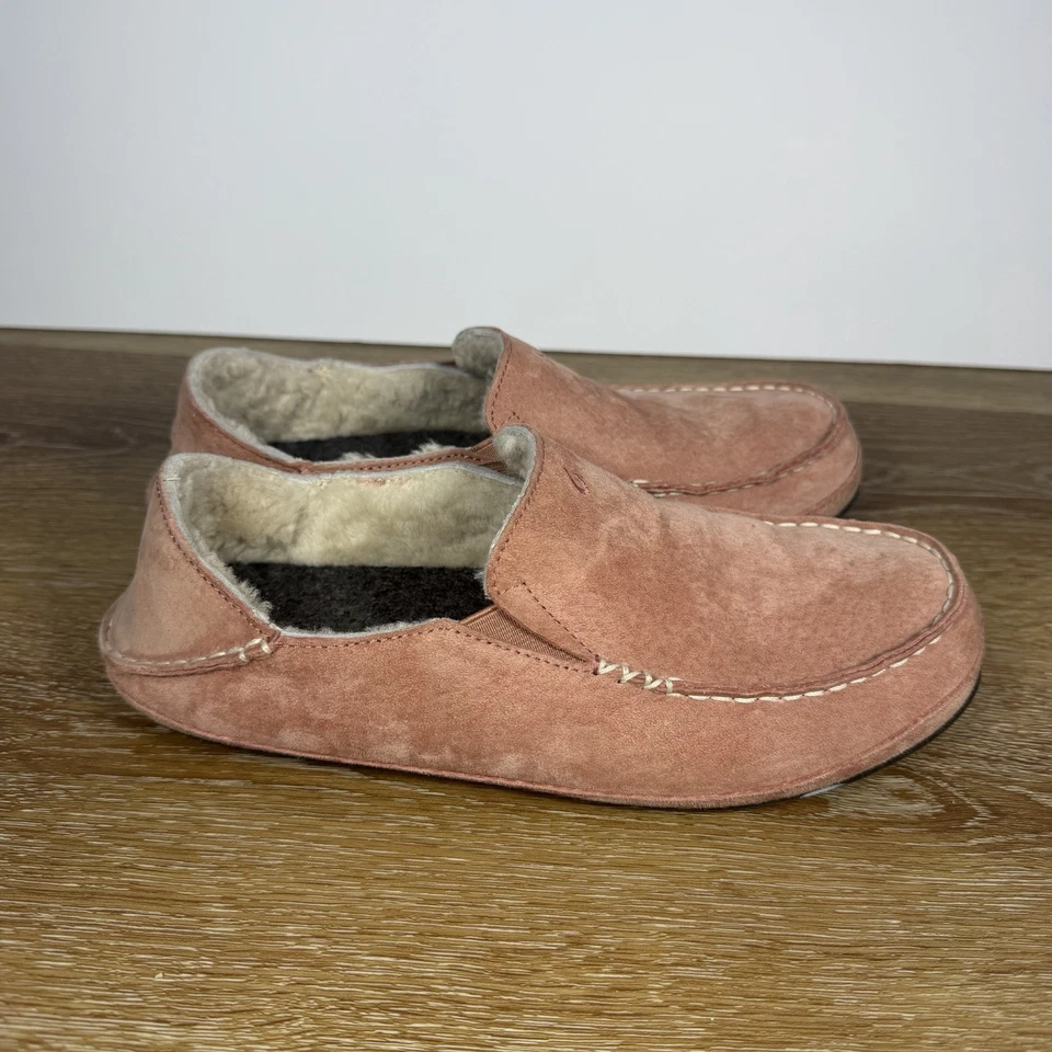 Olukai Nohea Nubuck Slipper Moccasin Womens 8 Pink Suede Shearling Lined Slip On - Image 3 of 4