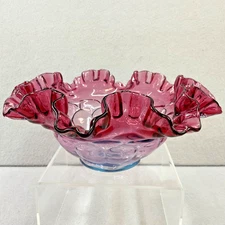 Fenton Pink Cranberry Ruffled Art Glass Bowl with Blue Lavender Tones Hand Blown