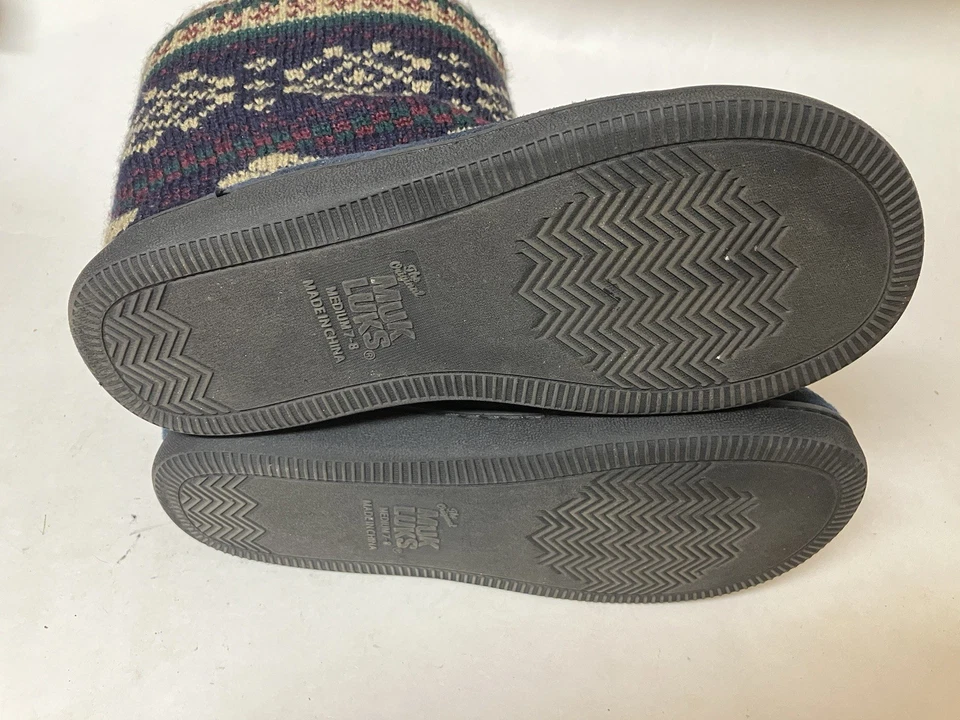 MUK LUKS Women's Medium 7-8 Knit Slipper Booties Blue Faux Fur Trim - Image 4 of 4