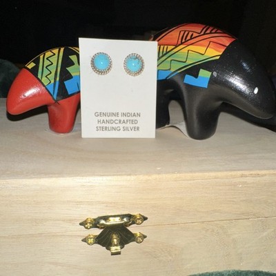 Esther White Navajo Handmade Sterling Silver Kingman Turquoise Stud Earrings