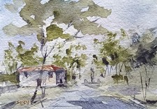 original watercolor painting ACEO Road house trees rural barn street Sky #SIBY
