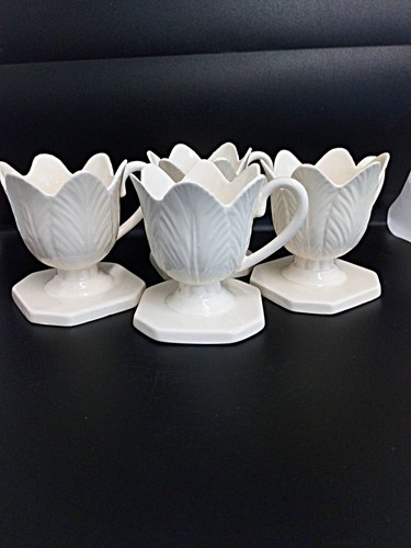 Set of 4 Vintage White Footed Tulip Shaped Egg Cups With Handles