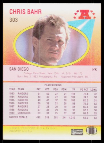 Chris Bahr, 1990 Fleer Football Card, #303, San Diego Chargers, - Bild 2 von 2