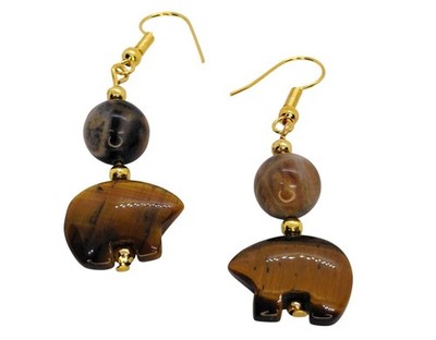 Bear earrings Tiger eye jasper gold tone earwires