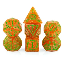 NEW RPG / D&D Dice Set of 7 - Halloween Jack - Pearl Orange with Green ink