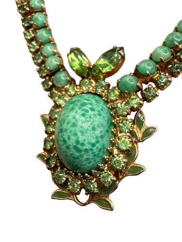 Vintage Green Czech Peking Glass Rhinestones Princess Necklace Cabochons - Picture 5 of 8