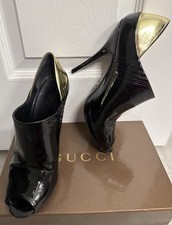 Gucci Black Gold Patent Leather Peep Toe Stiletto Heels EU 39/US 9 Women
