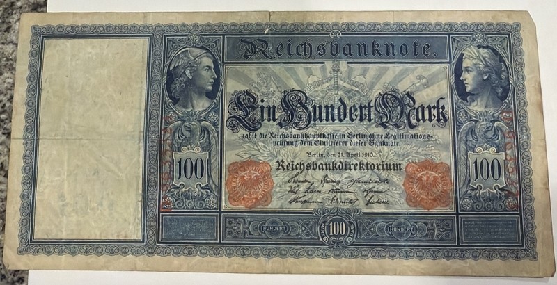 1910 Germany 100 Mark Reichsbanknote P-42 German Empire WWI Era Banknote 072350