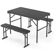 Outdoor Table Bench Set Folding Picnic Table Set with 2 Benches Sturdy Metal