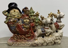 Kirklands Potter's Garden Ceramic Snowman, Sleigh and Reindeer Night Light